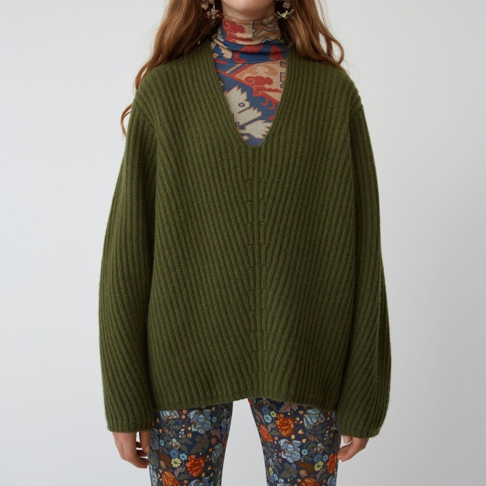 Acne Deborah Deep V-neck Sweater Khaki Green XXS